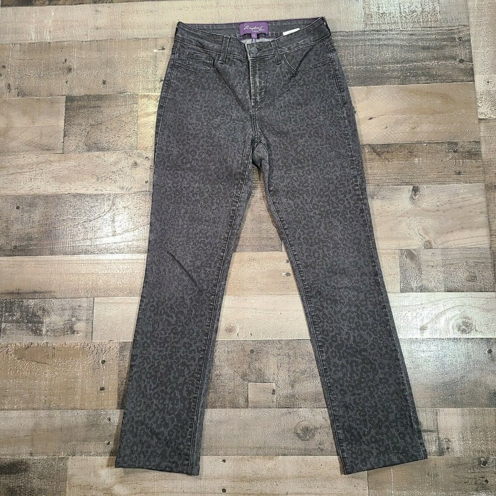 NYDJ Straight Jeans Womens 4 Mid-Rise Leopard Print Zip Dark Wash Black Denim